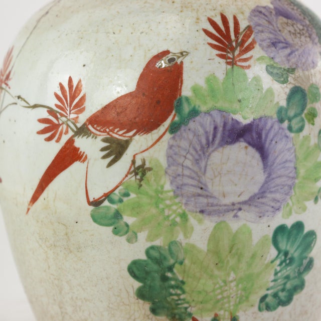 Wood Famille Rose Antique Porcelain Vase Lamp With Bird and Floral Motif on Wood Base For Sale - Image 7 of 16