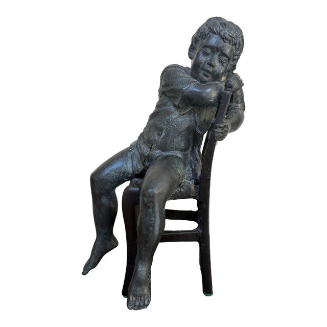 Late 20th Century Verdigris Bronze Boy in Chair Sculpture Styled After Maitland-Smith For Sale