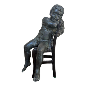 Late 20th Century Verdigris Bronze Boy in Chair Sculpture Styled After Maitland-Smith