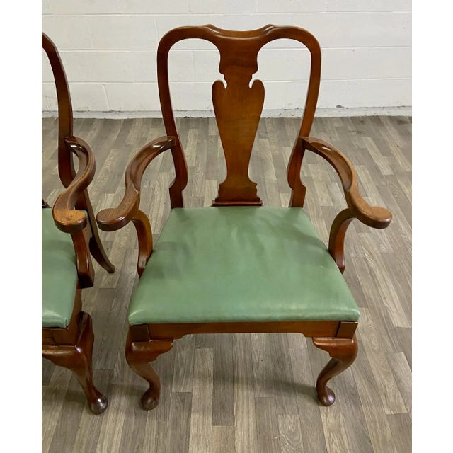 Vintage Queen Anne Wood and Vinyl Dining Arm Chairs - Pair For Sale - Image 4 of 8