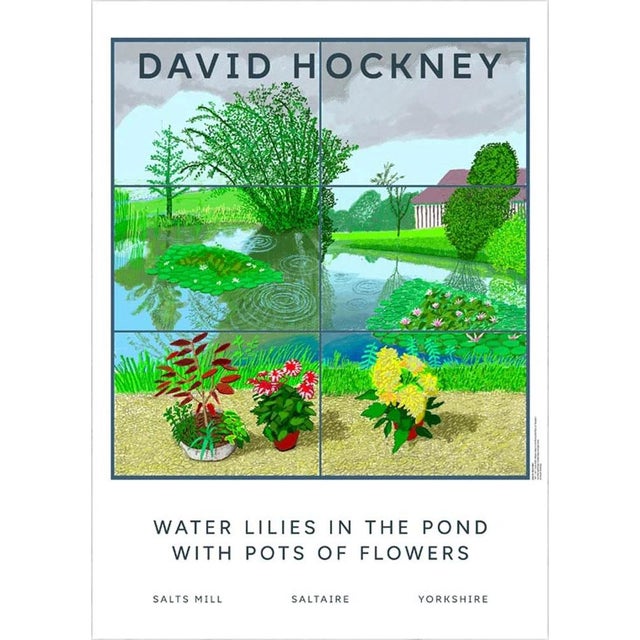 David Hockney Water Lilies in the Pond with Pots of Flowers Poster Dimensions: 19,6 x 27,5 in / 50 x 70 cm Sold unframed