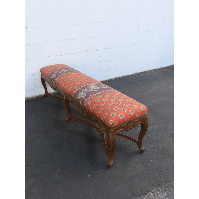 1960s French Heavy Carved Extra Long Upholstered Bed End Hallway Bench 6923 For Sale - Image 5 of 18