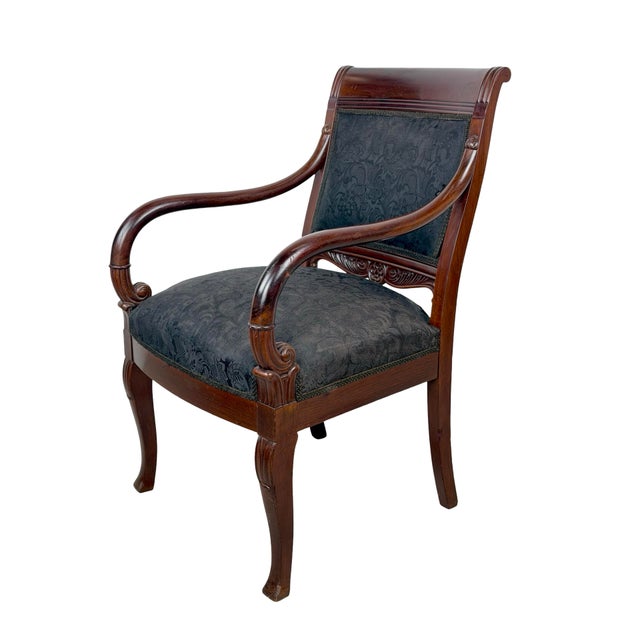 Antique Empire Style Mahogany Armchair With Black Damask Upholstery For Sale - Image 14 of 18
