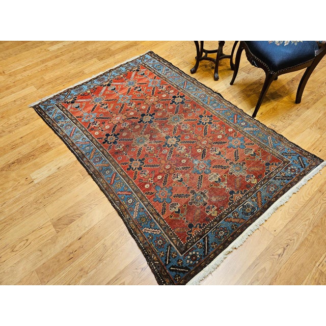 Vintage Persian Malayer Area Rug, Hand-Knotted Wool, Geometric Pattern, 4x6, Red & Blue For Sale - Image 12 of 14