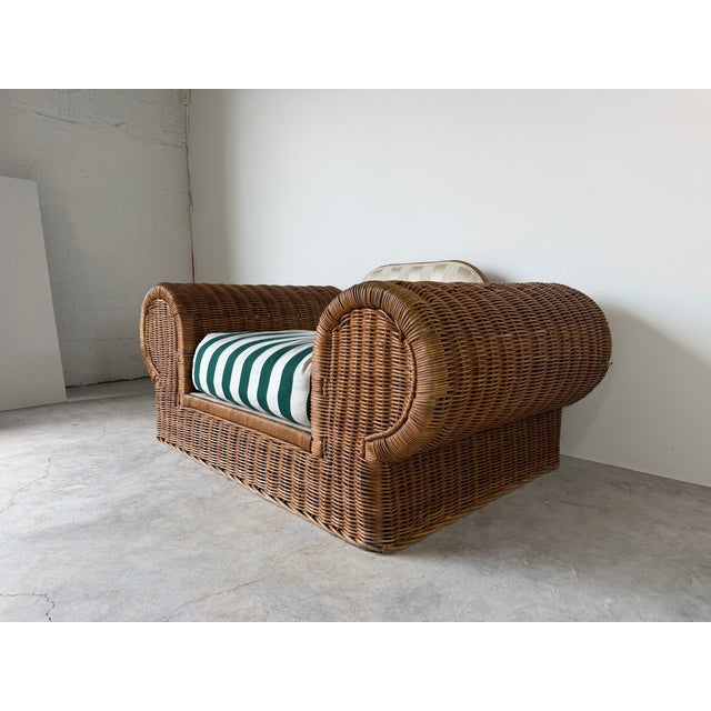 Wood 1970s Vintage Coastal Organic - Rattan Armchair With Rolled Arms & Striped Cushions For Sale - Image 7 of 15