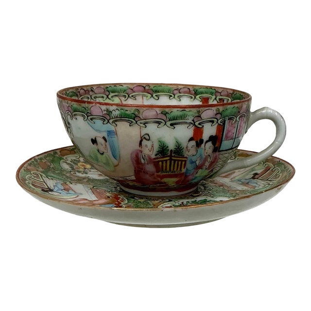 Antique Chinese Export Porcelain Famille Rose Medallion Pattern Cup and Saucer Set For Sale