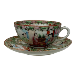 Antique Chinese Export Porcelain Famille Rose Medallion Pattern Cup and Saucer Set