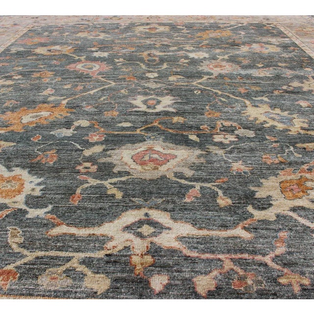 Keivan Woven Arts Angora Turkish Oushak Rug in Dark Green, Silver Gray, Orange, and Hints of Pink For Sale - Image 4 of 10