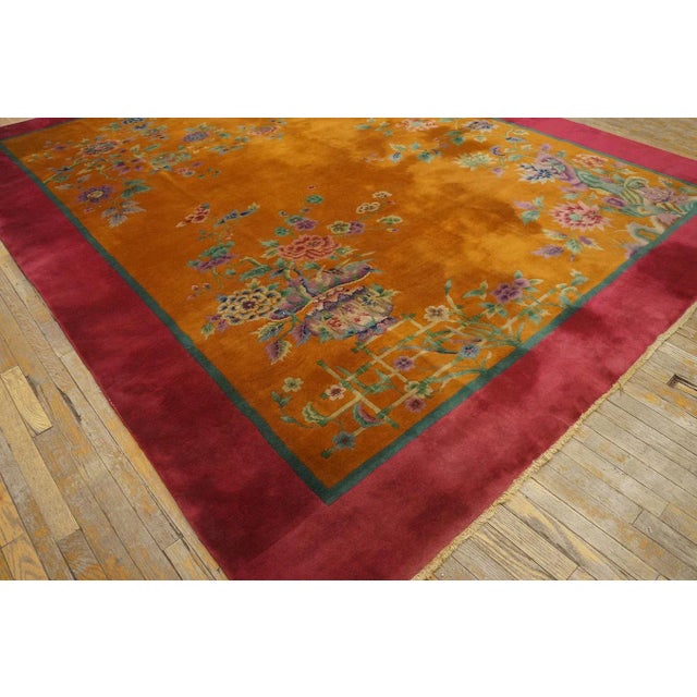 1920s Burnt Orange Floral Antique Chinese Art Deco Carpet 8'8'' X 11'4'' Knotted Pile Wool Rug For Sale - Image 10 of 12