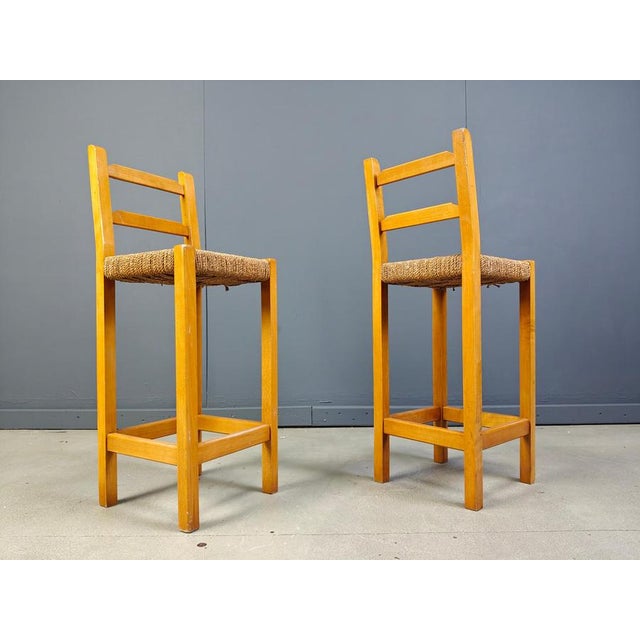 Rustic Vintage Oak and Papercord Bar Stools, 1960s, Set of 4 For Sale - Image 3 of 15