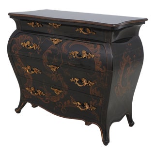 Vintage Black Lacquer Chinoiserie Decorated Commode Chest For Sale
