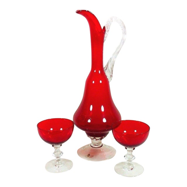 Vintage Italian Ruby Red Blown Glass Pitcher Wine Glass Set Chairish