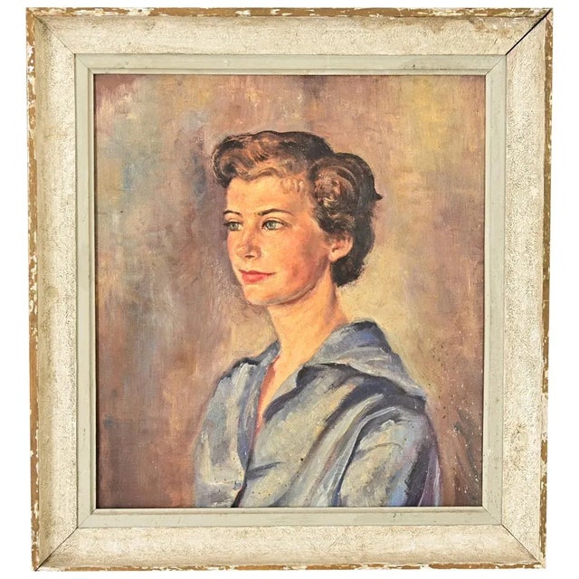 Modern English Vintage Mid-Century Framed Portrait of a Lady For Sale - Image 3 of 11
