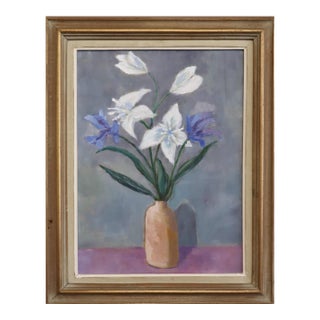 Mid-Century Modern 'Lilies in a Vase' Vintage Original Still Life Oil Painting, Framed For Sale