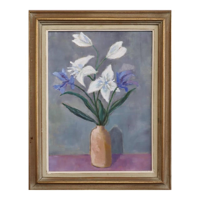 Mid-Century Modern 'Lilies in a Vase' Vintage Original Still Life Oil Painting, Framed For Sale