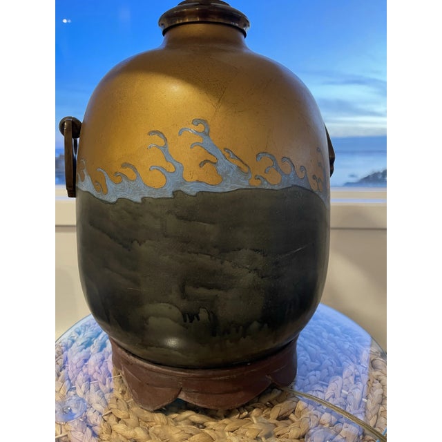 Early 20th Century Brass Reverse Painted Asian Sail Junk Ship Boat Wave Theme Lamp For Sale In Boston - Image 6 of 12