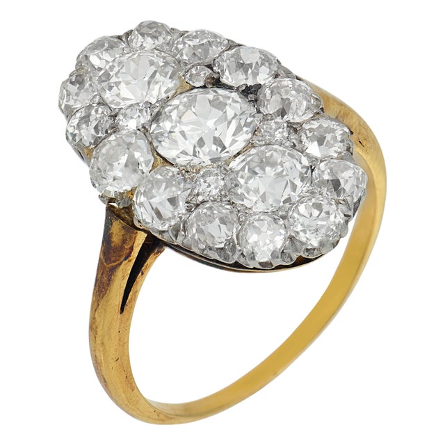 Early 20th Century Edwardian Old Cut Diamond Platinum 18k Yellow Gold Navette Ring, Size 8.25 For Sale