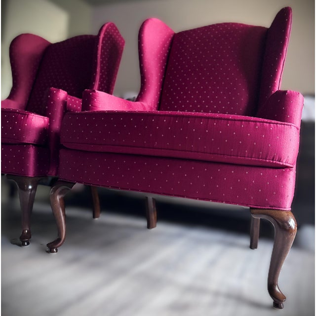 Late 20th Century Drexel Heritage Burgundy Wine Queen Anne Wingback Accent Chairs For Sale - Image 18 of 18
