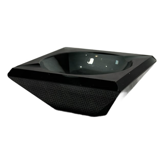 Art Deco Style Black Geometric Ribbed Glass Ashtray, 1960s-1970s For Sale