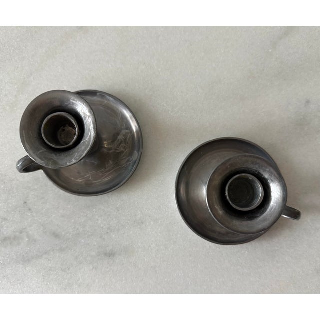 Metal Pair of Vintage Pewter Chamberstick Candle Holders For Sale - Image 7 of 9