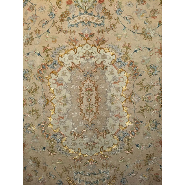 Tabriz Rug, Hand-Knotted Wool & Silk, Floral Design Taupe & Pale Green, 7x10 For Sale - Image 14 of 18