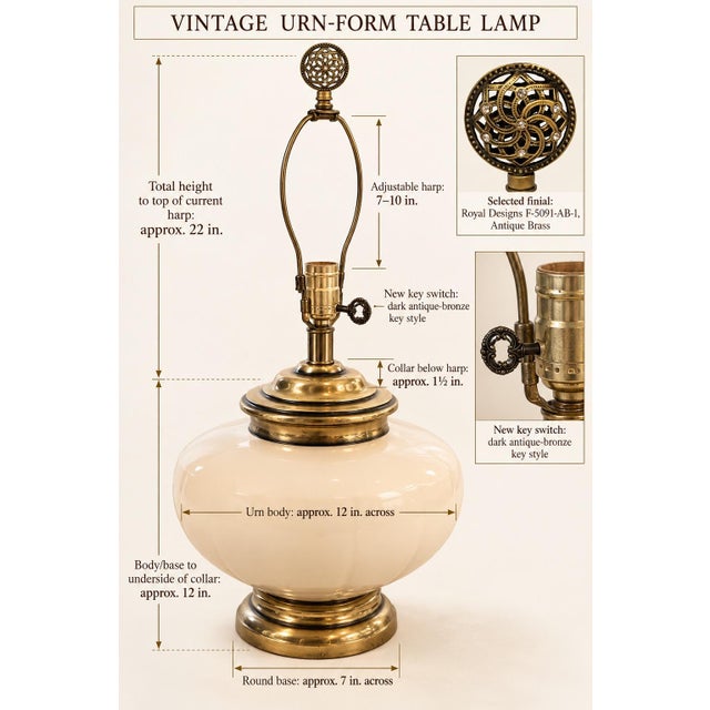 Metal Vintage Ivory Ceramic Urn Table Lamp With Brass Base, Muted Blue Victorian Velvet Shade and Fringe For Sale - Image 7 of 8