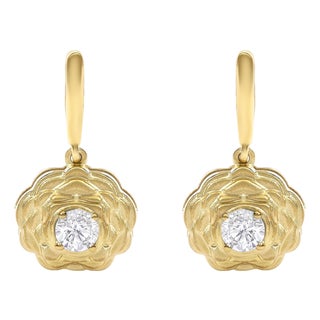 14K Yellow Gold Plated Sterling Silver 5/8 Cttw Lab Grown Diamond Flower Drop Earrings, Pair For Sale