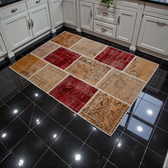 This sophisticated 2020s upcycled Turkish patchwork rug represents a sustainable evolution of Anatolian hand-knotted...