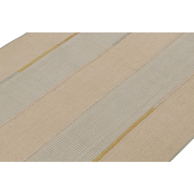 Rug & Kilim Rug & Kilim’s Contemporary Kilim in Beige, Blue & Gold Stripes For Sale - Image 4 of 7