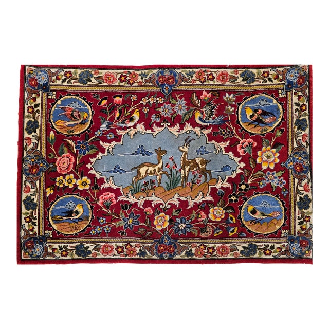 Vintage Persian Tabriz Pictorial Area Rug, Hand-Knotted With Silk For Sale