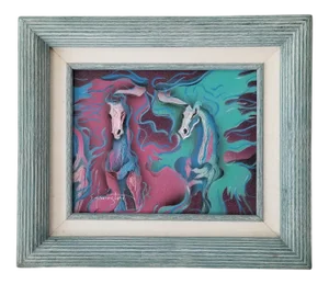 80s Modernist Mixed Media Collage Abstract Horses Painting, Signed