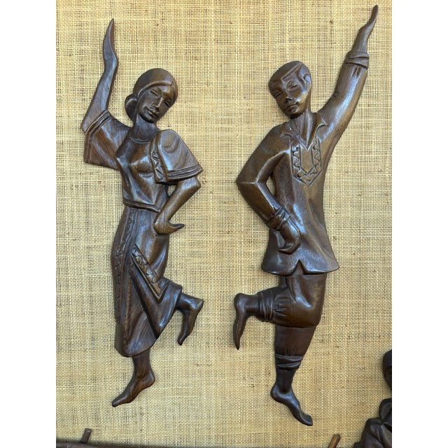Vintage 1960s Philippine Hand-Carved Teak Folk Dancers Wall Relief on Hessian, 3d Mid-Century Tiki Art For Sale - Image 4 of 9