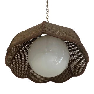 1970's Rattan Swag Light Fixture With Globe For Sale