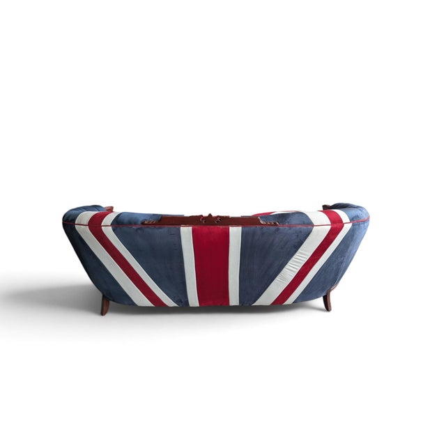 Vintage Union Jack Upholstered Sofa With Ornate Carved Wood Frame For Sale - Image 4 of 18