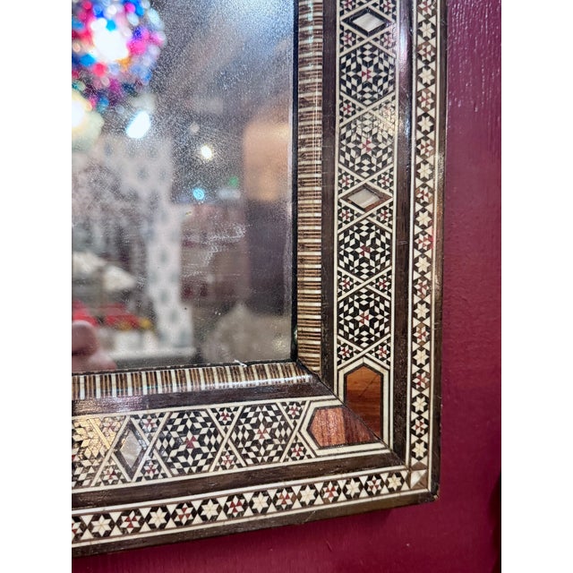 1960s Vintage Marquetry Wood Inlay Mirror With Mother-of-Pearl Accents For Sale - Image 5 of 6