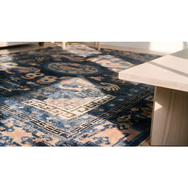 Remarkable Navy Blue Ground Color With Animal Details and Medallion Pattern Antique Chinese Ningxia Rug For Sale - Image 10 of 12