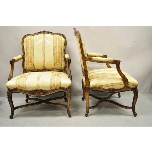 Vintage French Country Louis XV Style Carved Walnut Lounge Arm Chairs - A Pair For Sale - Image 12 of 12