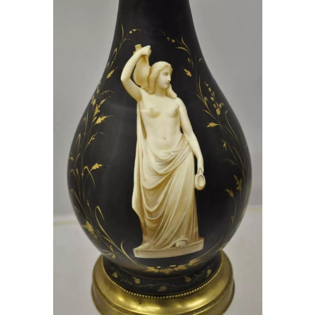Early 20th Century Antique French Neoclassical Black Porcelain Classical Bulbous Table Lamps - Pair For Sale - Image 5 of 12