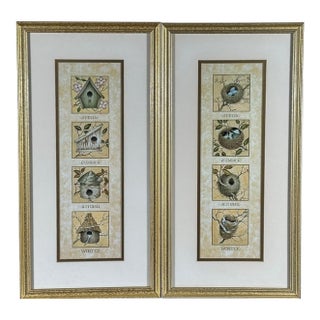 Vintage Nancy J Shumaker Pallan Bird Beginnings Seasonal Framed Prints Pair For Sale