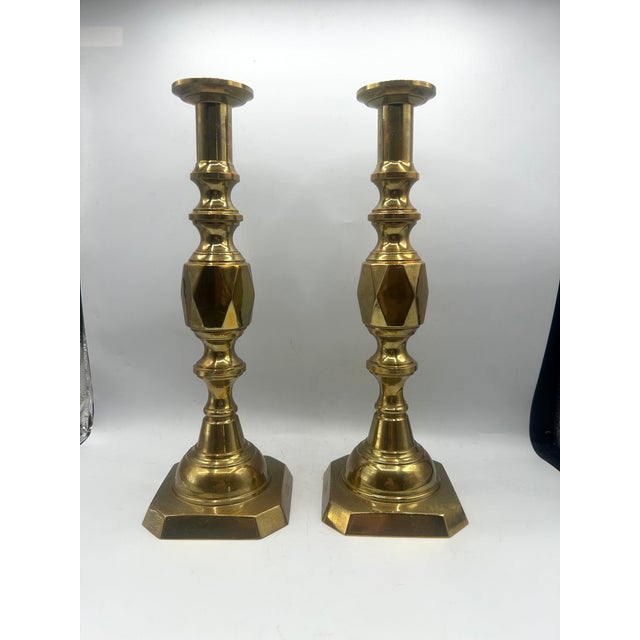 English Antique English Brass "Ace of Diamonds" Diamond Jubilee Candlesticks, Pair, C. 1887 For Sale - Image 3 of 12
