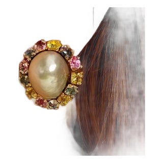 Bochic "Orient" Vintage Pearl & Multi Fancy Sapphire Earrings Set 18K Gold&Silver For Sale
