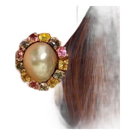 Bochic "Orient" Vintage Pearl & Multi Fancy Sapphire Earrings Set 18K Gold&Silver For Sale