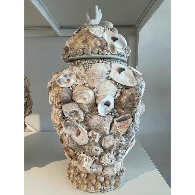 Late 20th Century Late 20th Century Large Shell-Encrusted Urns With Lids For Sale - Image 5 of 6