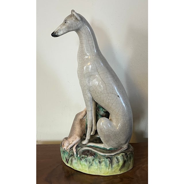 Very Large Antique 19th Century English Staffordshire Pottery Dog Figure of a Greyhound or Whippet and Hare or Rabbit For Sale - Image 13 of 16