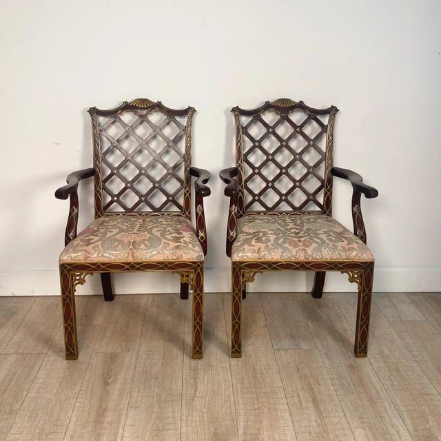 Pair of Matching Chinese Chippendale Armchairs With Blind Fretwork and Gilt Highlights For Sale - Image 10 of 10