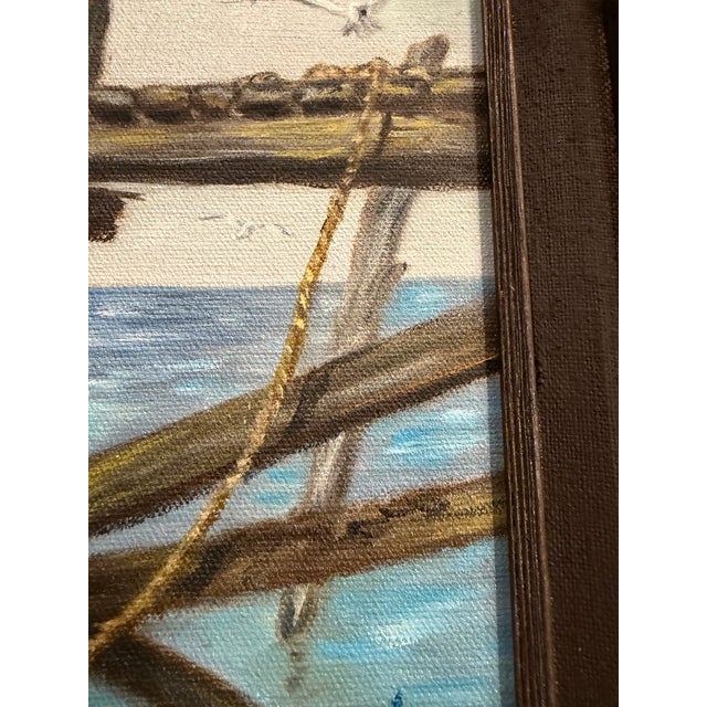 Nautical 1970s Original Nautical Ocean Oil Painting - Seagulls & Sea Pier Pilings in Wood Frame For Sale - Image 3 of 11