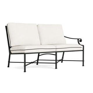 Brown Jordan Venetian Right Arm Loveseat in Black Jade with Sea Salt and Castaway Welt Cushions For Sale