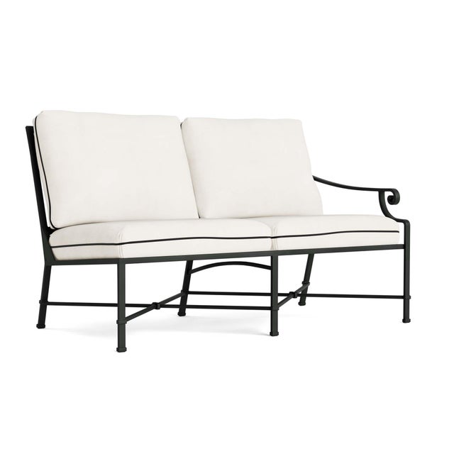 Brown Jordan Venetian Right Arm Loveseat in Black Jade with Sea Salt and Castaway Welt Cushions For Sale