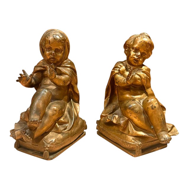 Pair of 19th Century Gilt Bronze Cherub Putti Decorative Bookends For Sale