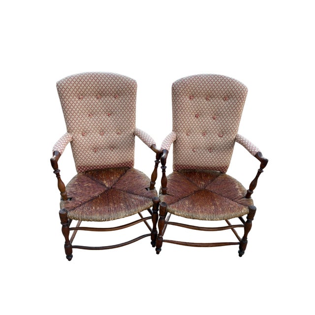 Pair of Antique French Provincial Style Upholstered Rush-Seat Armchairs For Sale - Image 4 of 12